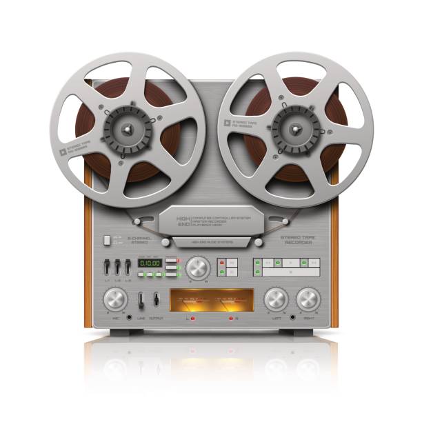 Reel-to-reel Audio Tape Recorder Vector illustration of a Reel-to-reel audio tape recorder. Reel-to-reel or open-reel audio tape recording is the form of magnetic tape audio recording in which the recording medium is held on a reel, rather than being securely contained within a cassette. In use, the supply reel or feed reel containing the tape is mounted on a spindle; the end of the tape is manually pulled out of the reel, threaded through mechanical guides and a tape head assembly, and attached by friction to the hub of a second, initially empty takeup reel. reel to reel tape stock illustrations