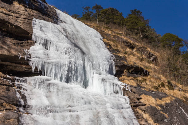 Freezing waterfall that flew from the mountain at Lachen. North Sikkim, India.
