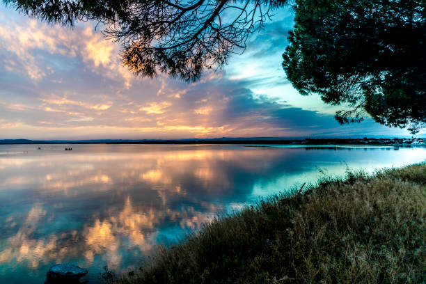 Blue yellow pink orange and purple aqua Carnon-Plage Montpellier magic hour after sunset above water southern France from shore with tree and grass