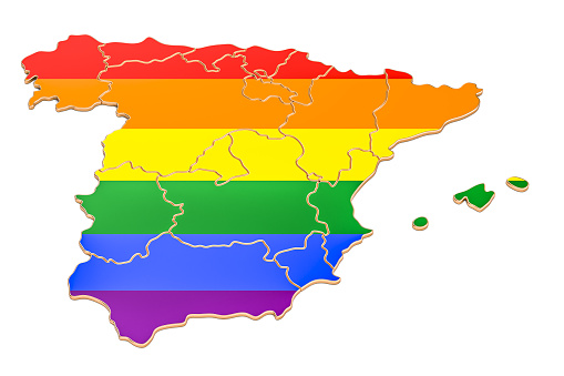 Spanish map with LGBT flag, 3D rendering