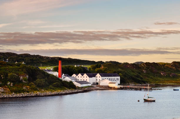 lagavulin brennerei fabrik und den hafen, islay, vereinigtes königreich - bruichladdich whisky stock-fotos und bilder