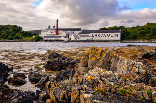 лагавулинский ликеро-водочный завод с передним планом береговой линии океана, ислай, великобритания - bruichladdich whisky стоковые фото и изображения