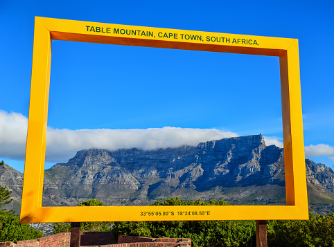 Table Mountain in Cape Town framed by a big signboard