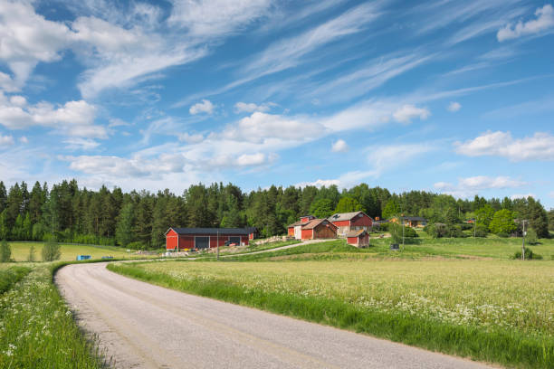 Country landscape in Finland Rural buildings along a country road on Kimito island in southern Finland. finnish culture stock pictures, royalty-free photos & images