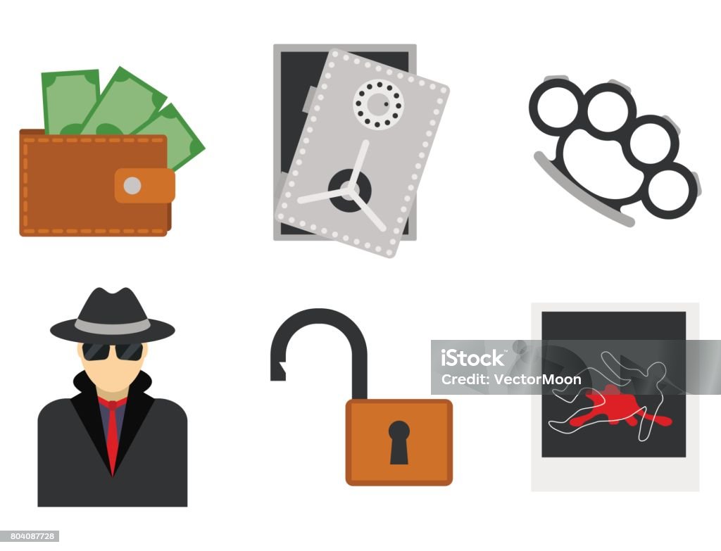 Crime icons protection law justice sign security police gun offence felony transgression flat vector illustration Crime icons protection law justice sign security police gun offence felony transgression flat vector illustration. Thief prison legal safety gavel lock investigation criminal set. Arrest stock vector