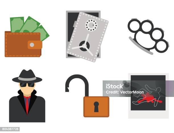 Crime Icons Protection Law Justice Sign Security Police Gun Offence Felony Transgression Flat Vector Illustration Stock Illustration - Download Image Now