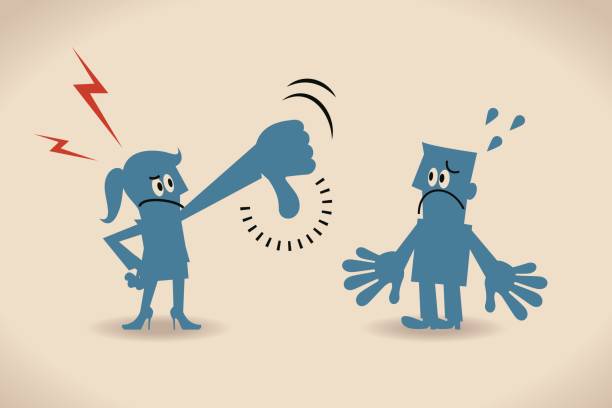 illustrations, cliparts, dessins animés et icônes de femme d’affaires (femme) montrant les pouces vers le bas de geste à l’homme d’affaires (homme) - grognon