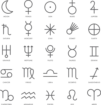 A thin line set of planetary and zodiac symbols. File is saved as an AI10 EPS file, and built in the CMYK color space. Captions are on their own layer and are easy to remove.