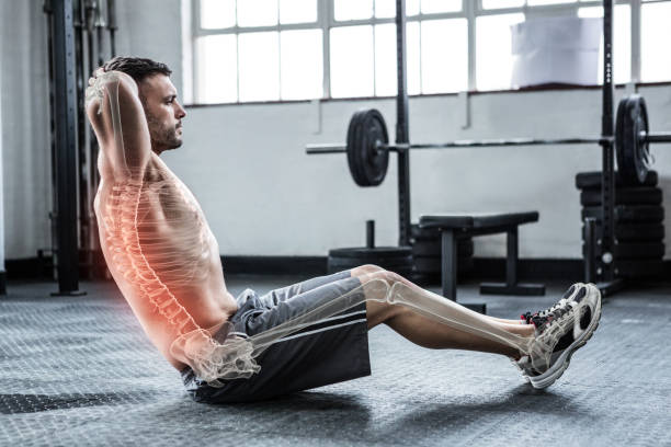 istock Highlighted spine of exercising man at gym 804139912