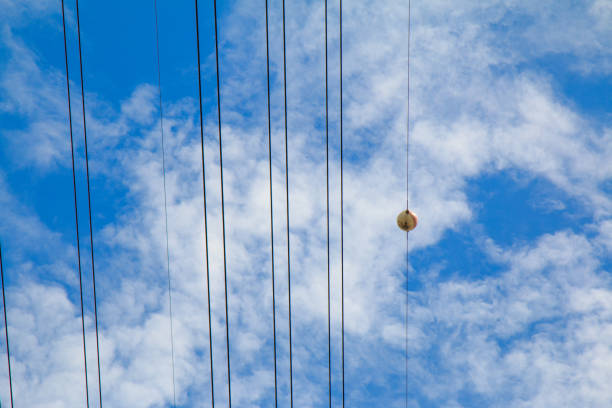 Fishing line and lures with blue sky background.