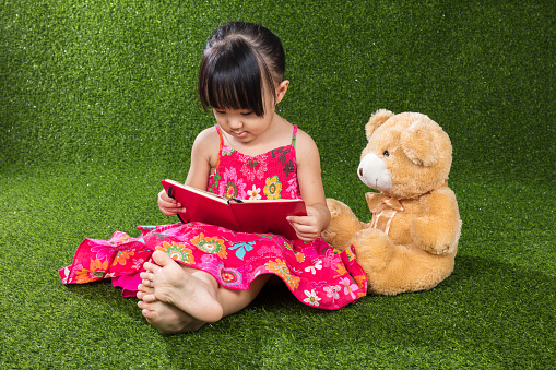 Asian Chinese little girl sitting on the grass and reading book with teddy bear at outdoor park