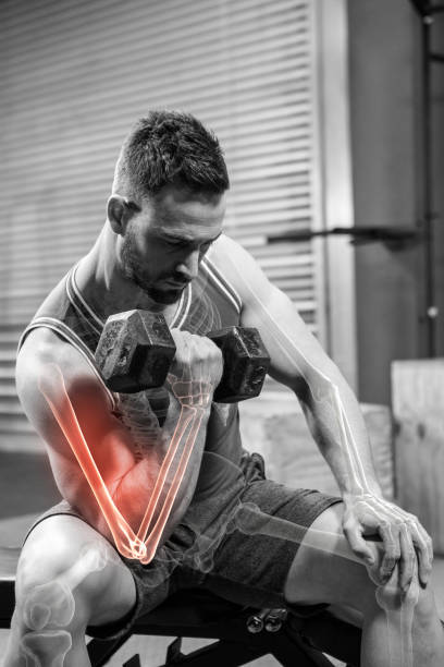 istock Digitally generated image of male athlete doing excercise with dumbbells 804154256