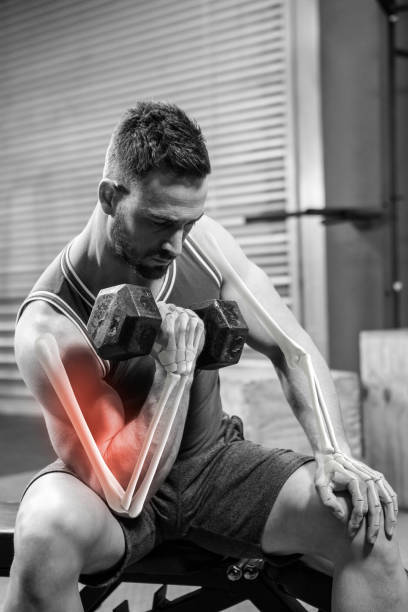istock Digitally generated image of man doing excercise with dumbbells 804154282