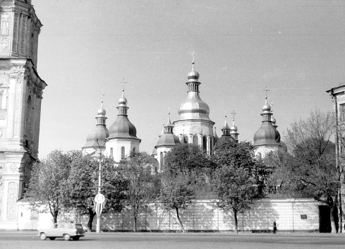 Old black and white photo: The Saint Sophia Cathedral in the May 1964 in Kiev, Ukraine