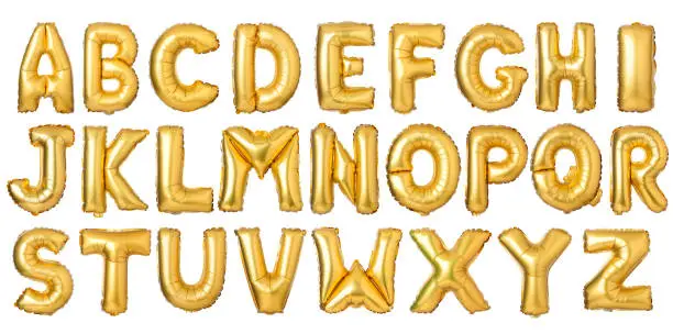English alphabet from golden balloons isolated on white background