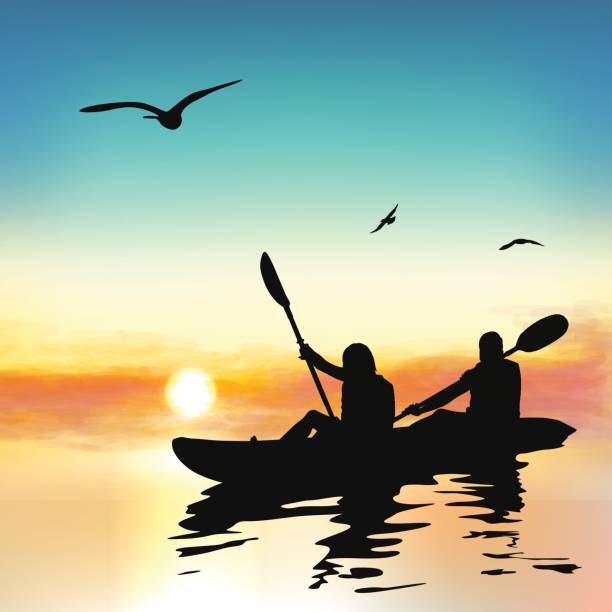 ilustraciones, imágenes clip art, dibujos animados e iconos de stock de silueta de las niñas divertidas kayak. - kayak barco de remos