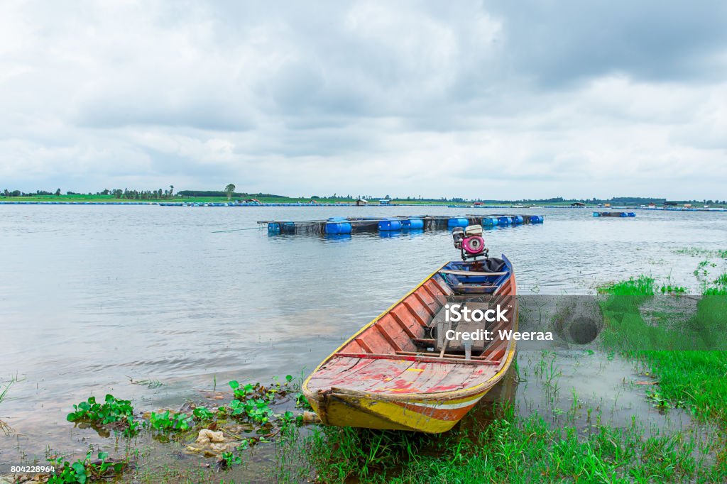 Lonely Wooden Rowb0oat float on river the river enclosed by green trees make calm tranquil scenic of the waterway- Mekong Delta Boat in the river Delta Stock Photo