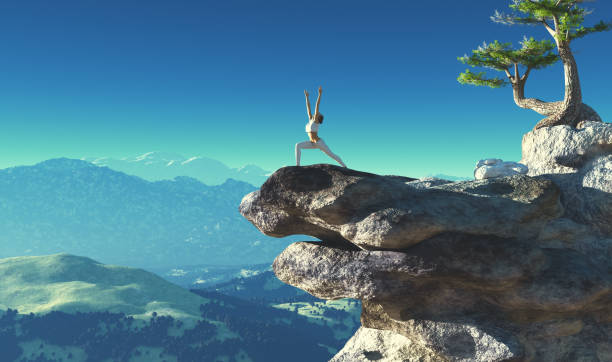 Young girl doing yoga exercises up the mountain. This is a 3d render illustration
