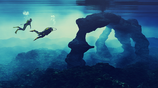 Teenagers  swimming near an cliff. This is a 3d render illustration.