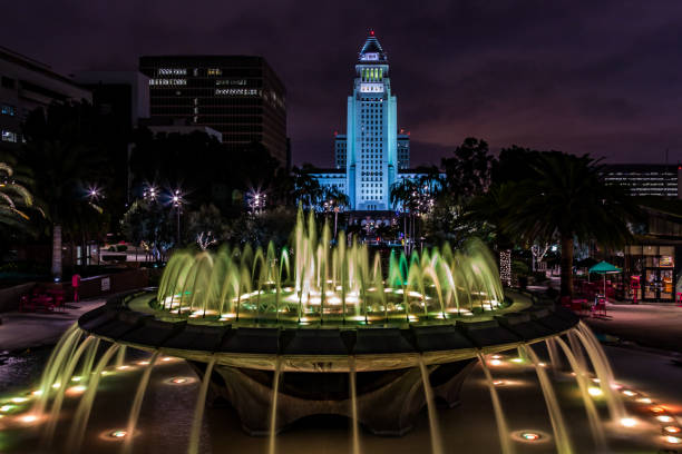 Arthur J. Will Memorial Fountain with Green LED Lights stock photo