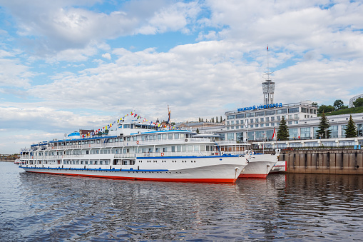 River cruise ships on the quay near the city of Nizhny Novgorod