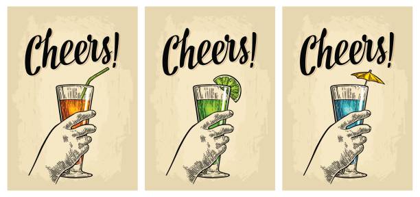 ilustraciones, imágenes clip art, dibujos animados e iconos de stock de mujer mano una copa de cóctel. grabado del vector vintage - drink umbrella cocktail glass isolated