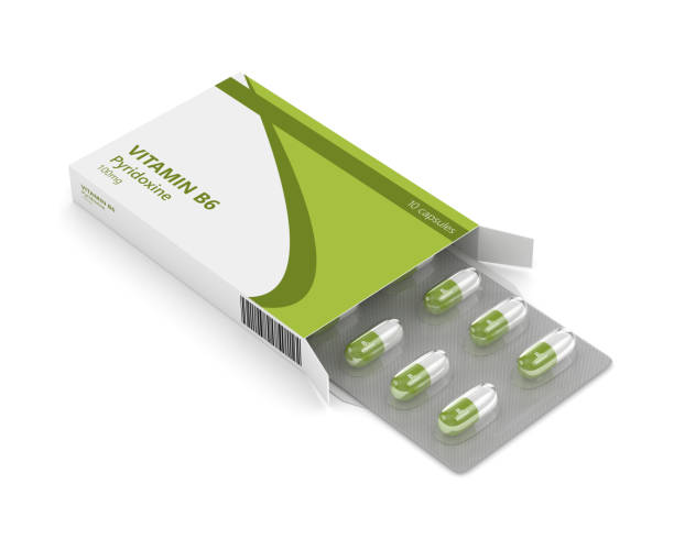 3d rendering von vitamin b6 tabletten in blisterverpackung - pill box stock-fotos und bilder