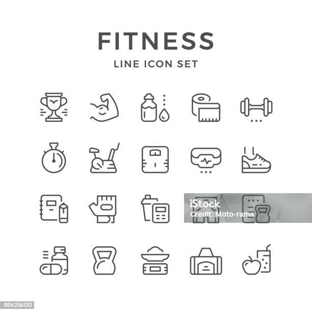 Vetores de Conjunto Linha Ícones Da Aptidão e mais imagens de Ícone de Computador - Ícone de Computador, Set - Esporte, Estilo de vida saudável