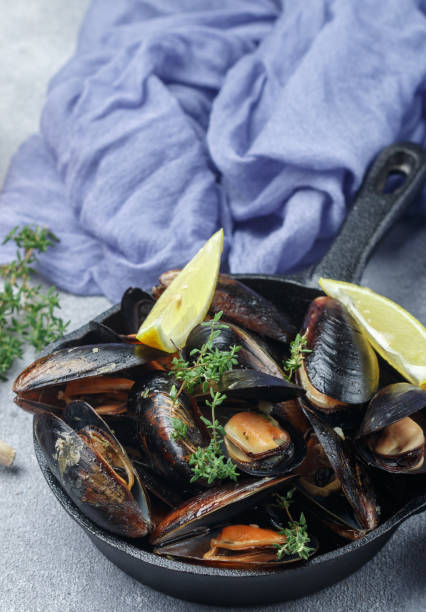 istock Mussels in the shell with lemon, garlic and thyme. A delicious Mediterranean appetizer made of seafood. Selective focus 804256924