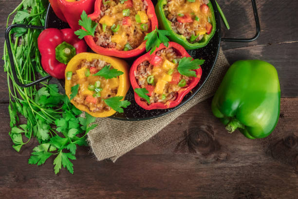 istock Bell peppers, stuffed with meat and rice, with copyspace 804263666