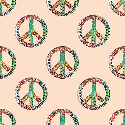 Seamless pattern with colorful hippie peace symbol in ornamental style. Hippy ornamental pacific sign. Hippie art background. Boho vintage fashion.
