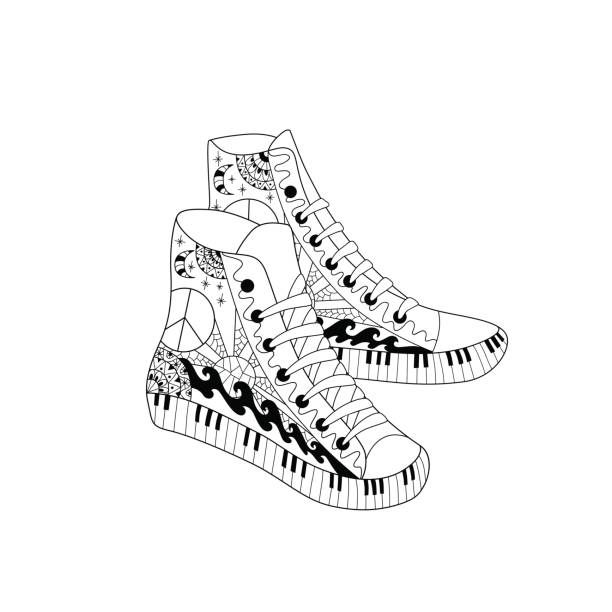 Hippie hight sneakers in ornamental style. Coloring book page for adult anti stress. Hippie hight sneakers ornamental style. Coloring book page for adult anti stress. Hippy ornamental gumshoes. Fashion background. Hippie pattern. Boho chic. high tops stock illustrations