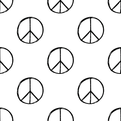 Seamless pattern with  hand drawn hippie peace symbol. Hippy pacific sign. Hippie art background. Boho vintage fashion. Black and white wallpaper.