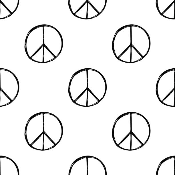 Seamless pattern with  hand drawn hippie peace symbol. Hippy pacific sign. Seamless pattern with  hand drawn hippie peace symbol. Hippy pacific sign. Hippie art background. Boho vintage fashion. Black and white wallpaper. signs and symbols stock illustrations