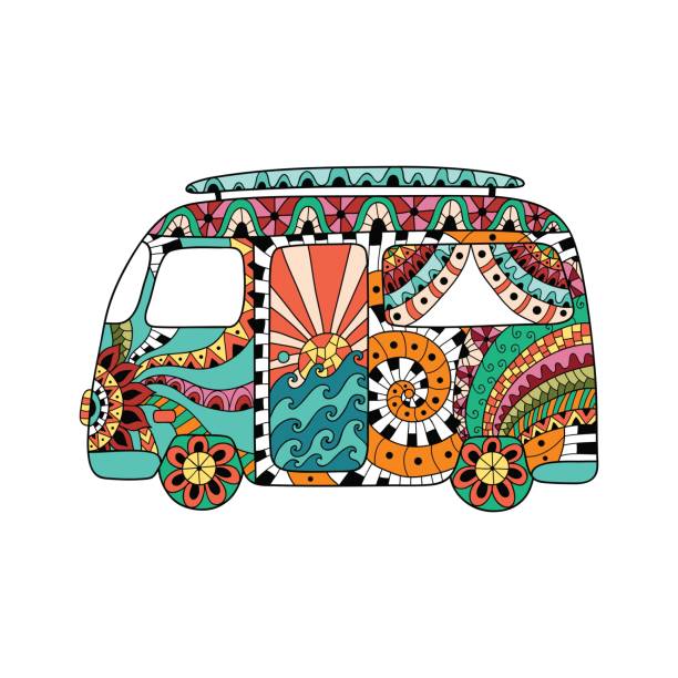 Hippie vintage car a mini van in ornamental style. Colorful hippie bus. Hippie vintage car a mini van in ornamental style. Colorful hippie bus. Hippy color vector illustration. Retro 1960s, 60s, 70s. Ornamental background. Vintage classic camper van. hippie car stock illustrations