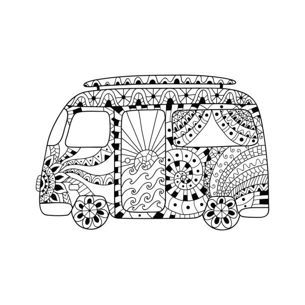 hippie-oldtimer ein mini-van in ornamentaler stil für erwachsene anti stress. - kinder sport auto stock-grafiken, -clipart, -cartoons und -symbole