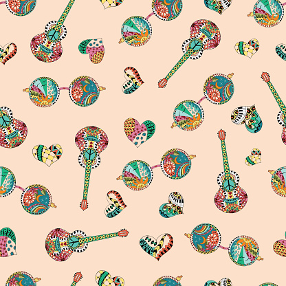 Seamless pattern with colorful hippie sunglasses, acoustic guitars and hearts in ornamental style. Hippy ornamental pattern. Hippie art background. Boho vintage fashion.