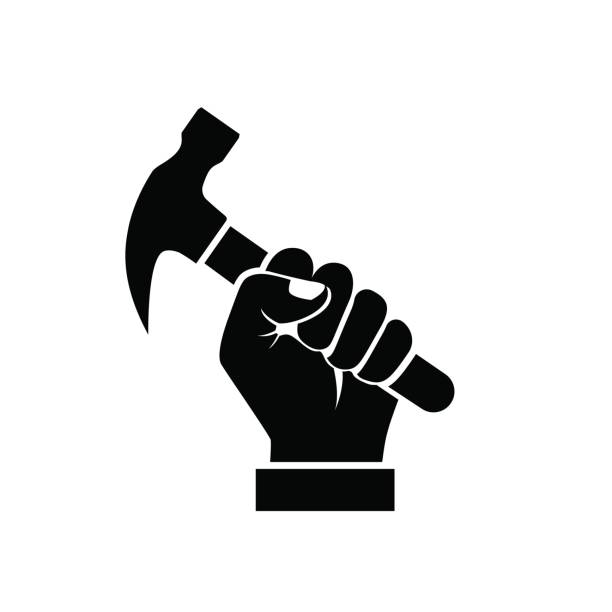 Hand holding hammer silhouette Hand holding hammer silhouette. Black icon isolated on white background. Vector illustration flat design style. Symbol of working. Pictogram tool. Can be like a logo, print. arm hammer stock illustrations