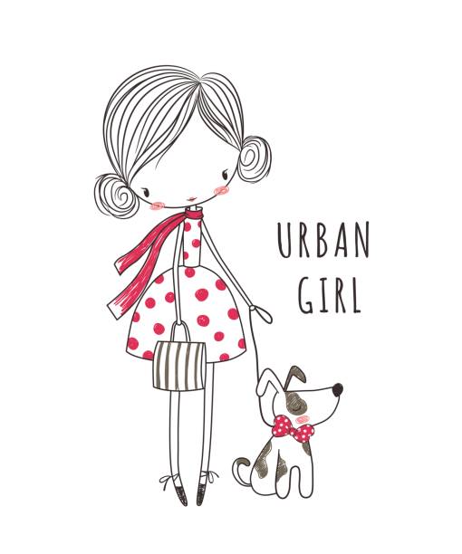 illustrations, cliparts, dessins animés et icônes de fille urbaine avec le chien. illustration de mode pour les vêtements - dog baby t shirt child