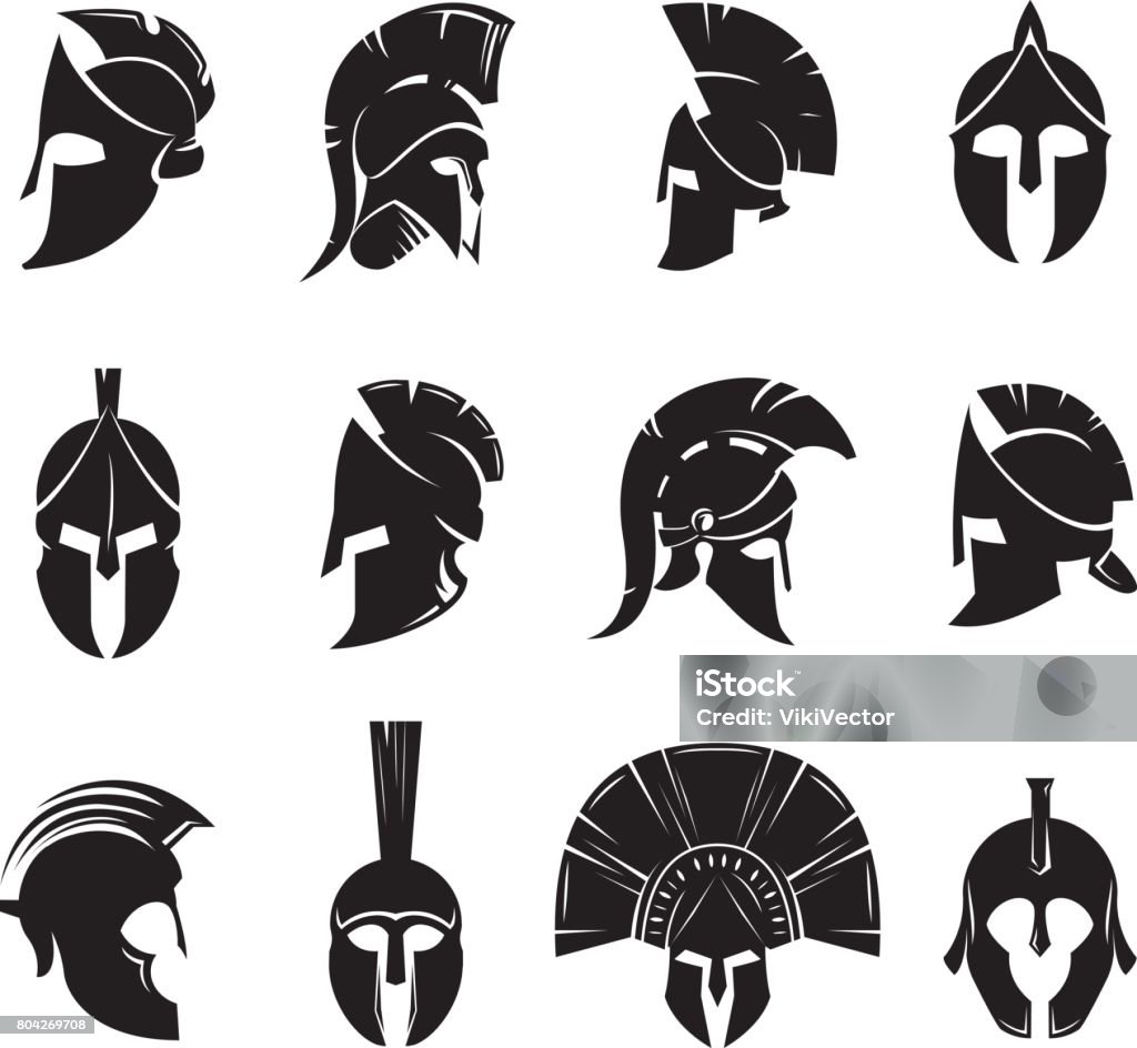 Spartan helmet vector set Silhouettes spartan helmet isolated from the background. Vector set of roman or greek warrior helmet. Helmets spartan soldiers in the side and front view. Gladiator stock vector