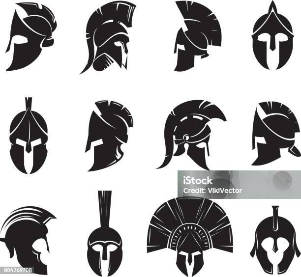 Spartan Helmet Vector Set Stock Illustration - Download Image Now - Gladiator, Roman, Sparta - Greece