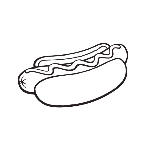 Doodle of hot dog with mustard Vector illustration. Hand drawn doodle of hot dog with mustard. Unhealthy food. Cartoon sketch. Decoration for menus, signboards, showcases, greeting cards, posters, wallpapers hot dog stand stock illustrations