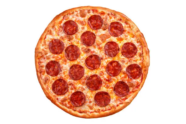 Pepperoni pizza - Italian pizza on white background, Isolated.