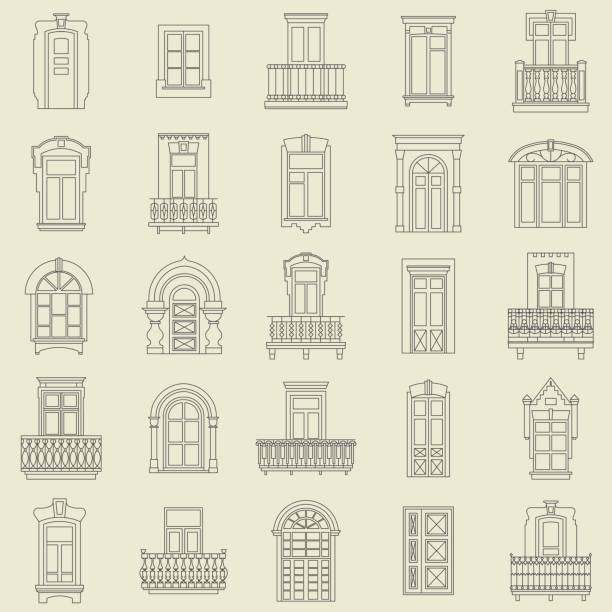 wektorowy zestaw czarnych cienkich ikon linii zabytkowych drzwi dekoracyjnych, okien, balkonów na białym tle. - łuk element architektoniczny stock illustrations