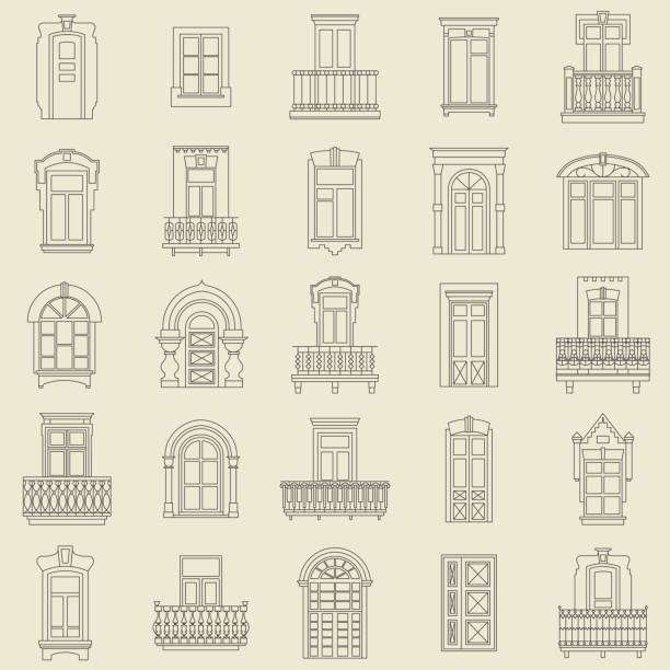 Vector set of black  thin line icons of vintage decorative doors, windows, balconies on white background. Vector set of black  thin line icons of vintage decorative doors, windows, balconies on white background. arch architectural feature stock illustrations