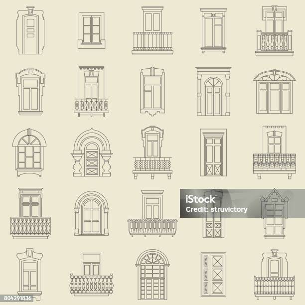 Vector Set Of Black Thin Line Icons Of Vintage Decorative Doors Windows Balconies On White Background Stock Illustration - Download Image Now