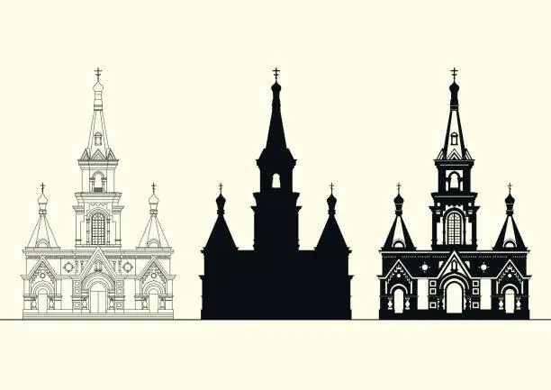 Vector illustration of Vector set of facades of an old Orthodox church.