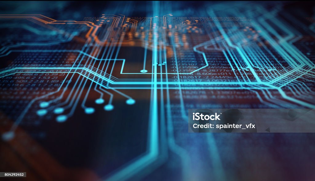 Orange,  blue technology background Orange and blue technology background circuit board and code. 3d Illustration Computer Chip Stock Photo