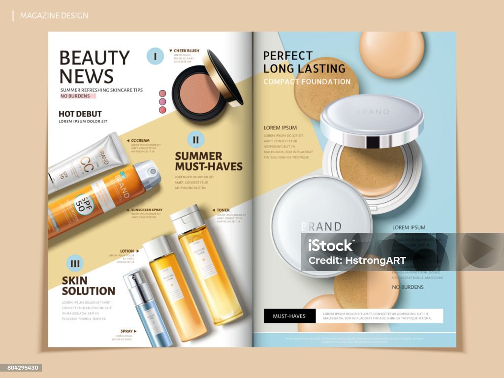 bi fold cosmetic brochure bi fold brochure featuring cosmetic and sun proof products, can be used on magazine or catalogs, 3d illustration Catalog stock vector