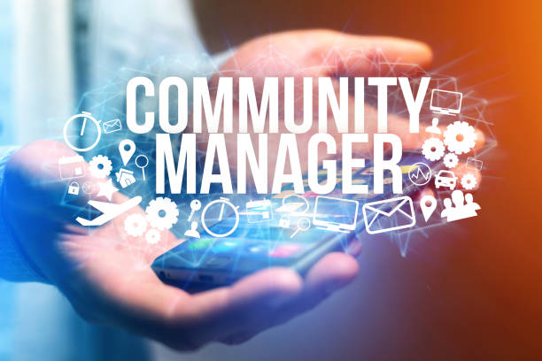 istock Concept of man futuristic interface community manager title and multimedia icons flying all around - Internet concept 804298564